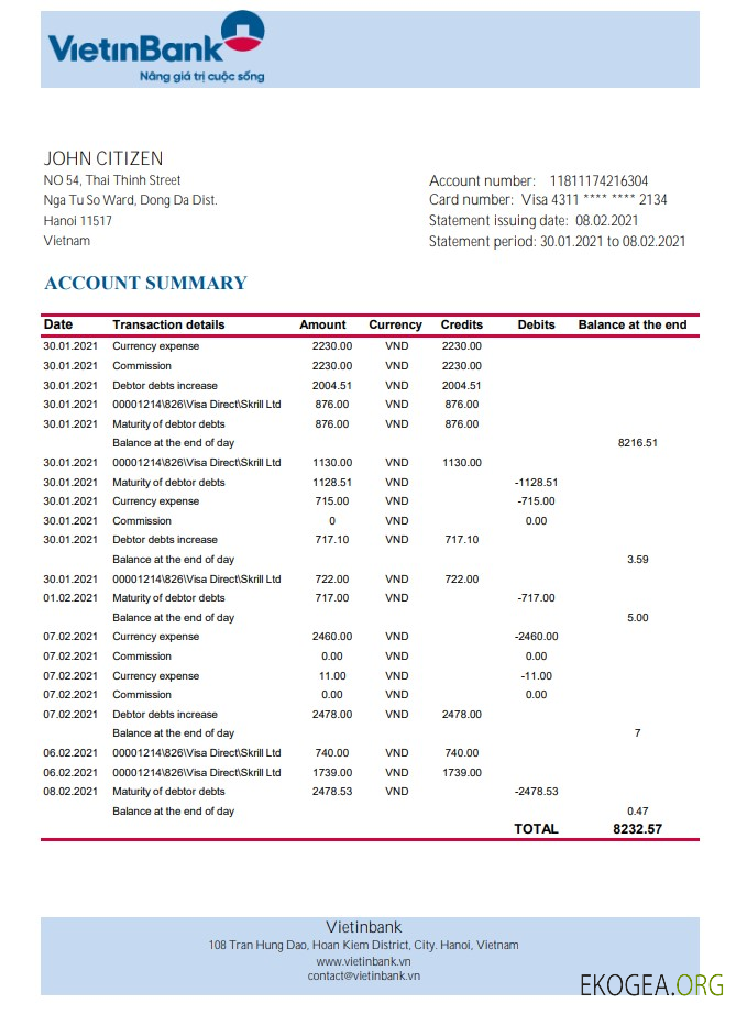 Vietnam Vietinbank excel pdf